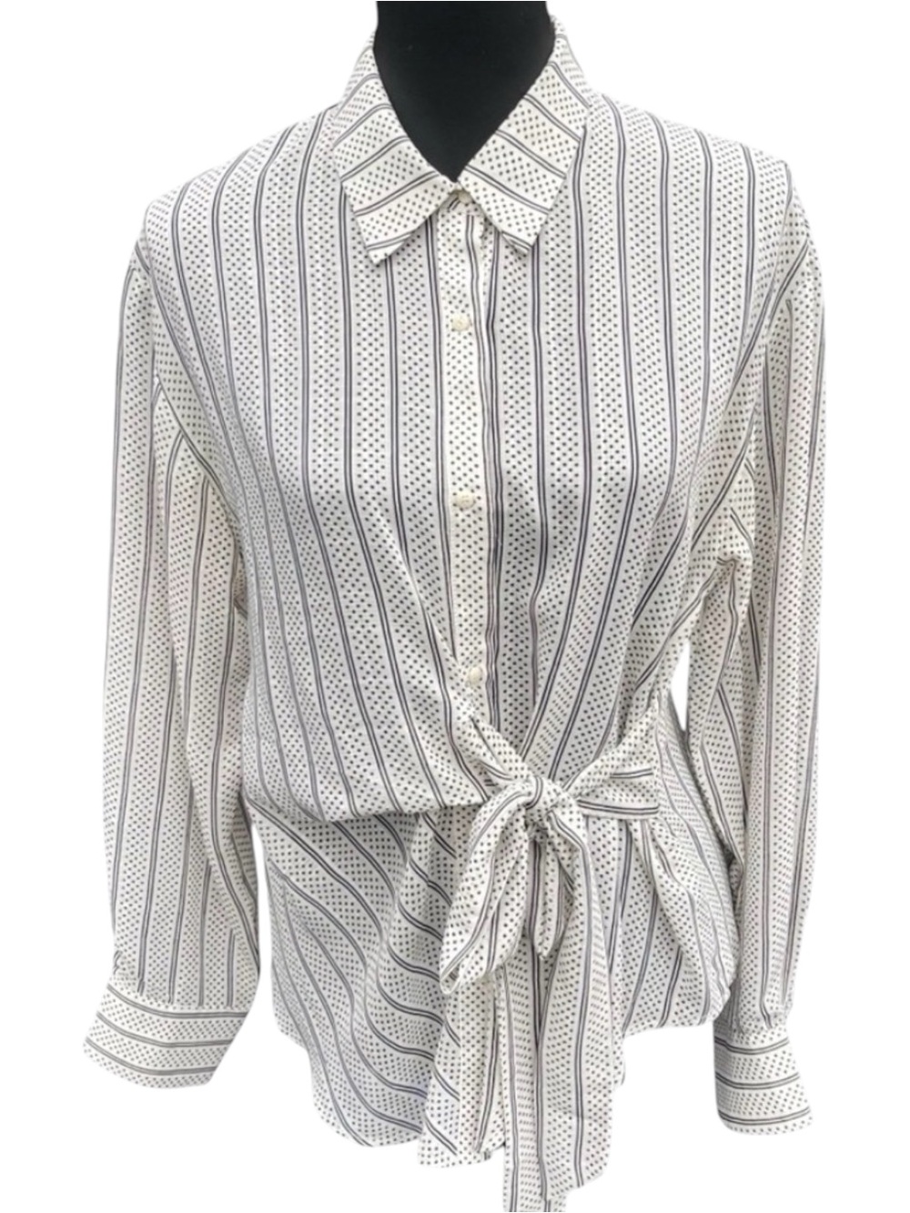 Caposhie Off White/Black Stripe/Polka Dot Front Tie Blouse (M)